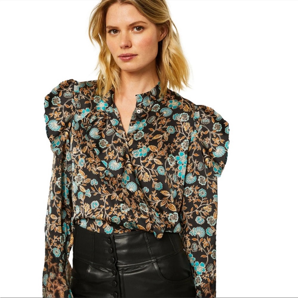 Misa Los Angeles Black Floral Ruffle Blouse with Teal and Gold Accents